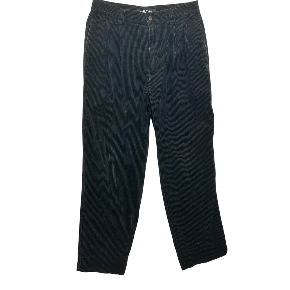 VTG Y2K Pure Stuff Men Pants 33 Black Corduroy Pleated Straight Leg‎ Retro 90s